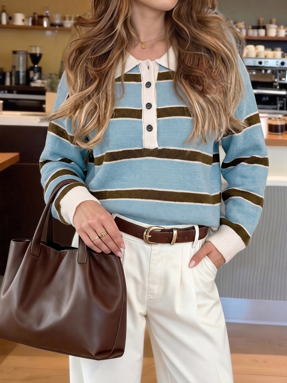 Women's Striped Polo-Knit Sweater in Light Blue and Olive